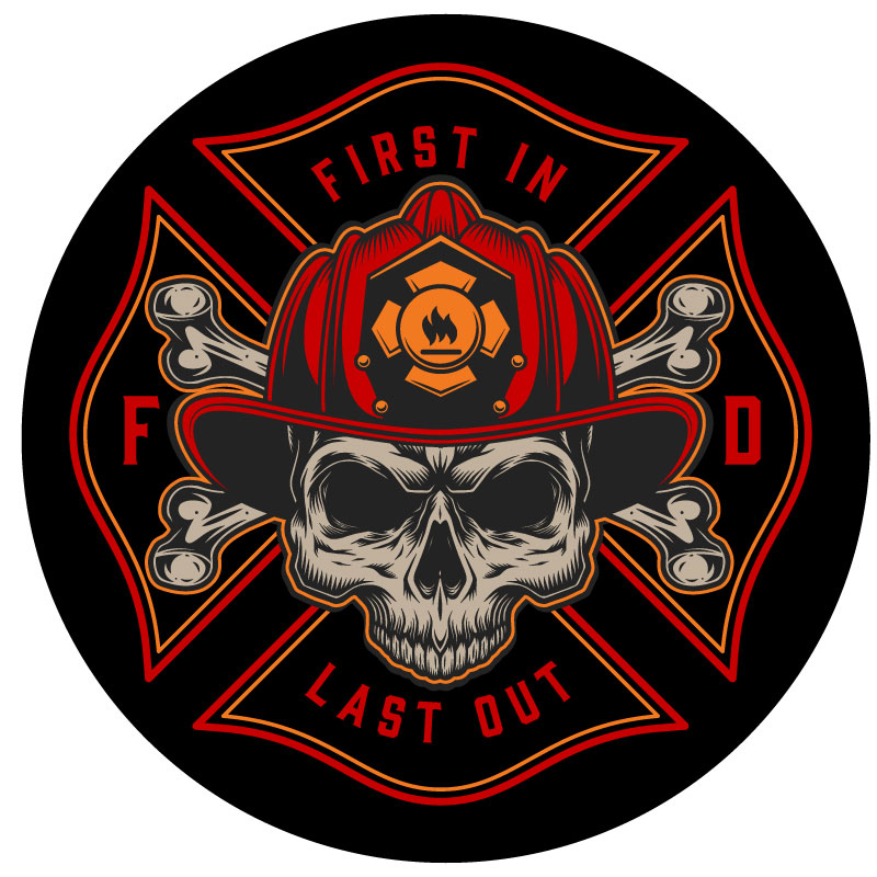 Firefighter insignia with the saying first in last out with a skull and cross bones wearing a fireman's hat helmet