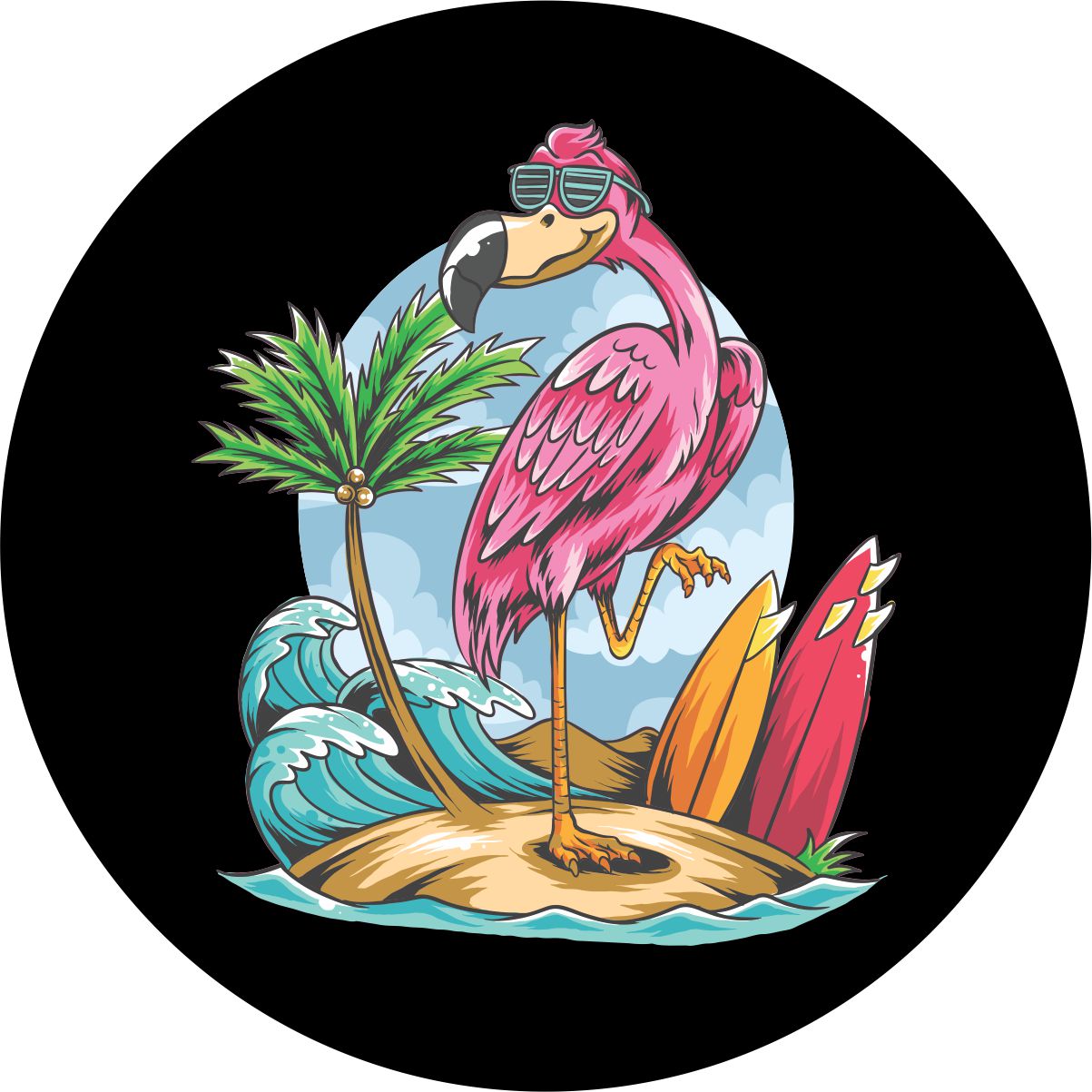 Beach spare tire cover with a pink flmaingo wearing sunglasses standing on one leg next to a palm tree and surfboards.