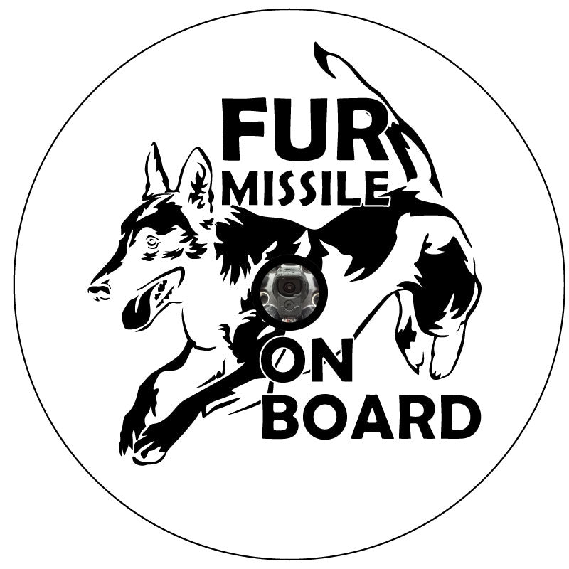 Fur missile on board belgian malinois jumping spare tire cover design for a white vinyl tire cover for Jeep, Bronco, RV, camper, and more designed with back up camera