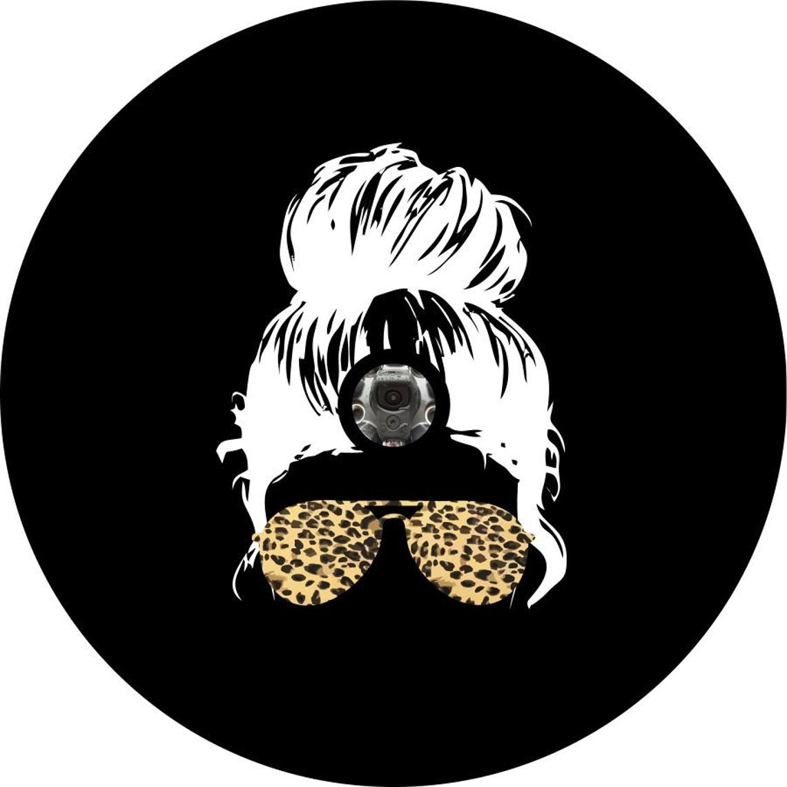Top knot messy bun girl wearing cheetah leopard print sunglasses spare tire cover for Jeep, Bronco, RV, camper, and more. Spare tire cover design made for black vinyl with back up camera hole
