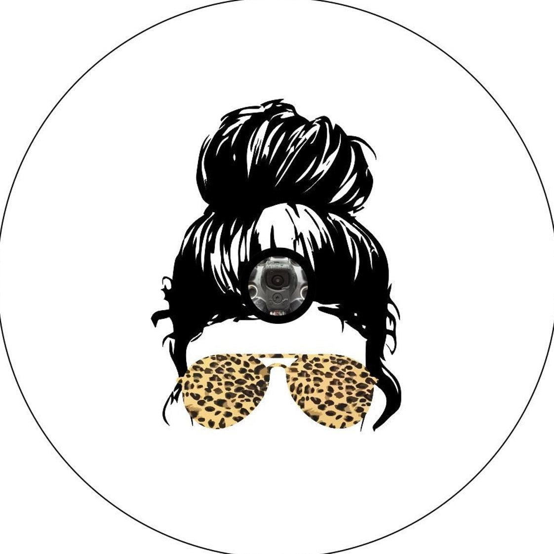 Top knot messy bun girl wearing cheetah leopard print sunglasses spare tire cover for Jeep, Bronco, RV, camper, and more. Spare tire cover design made for white vinyl with back up camera hole
