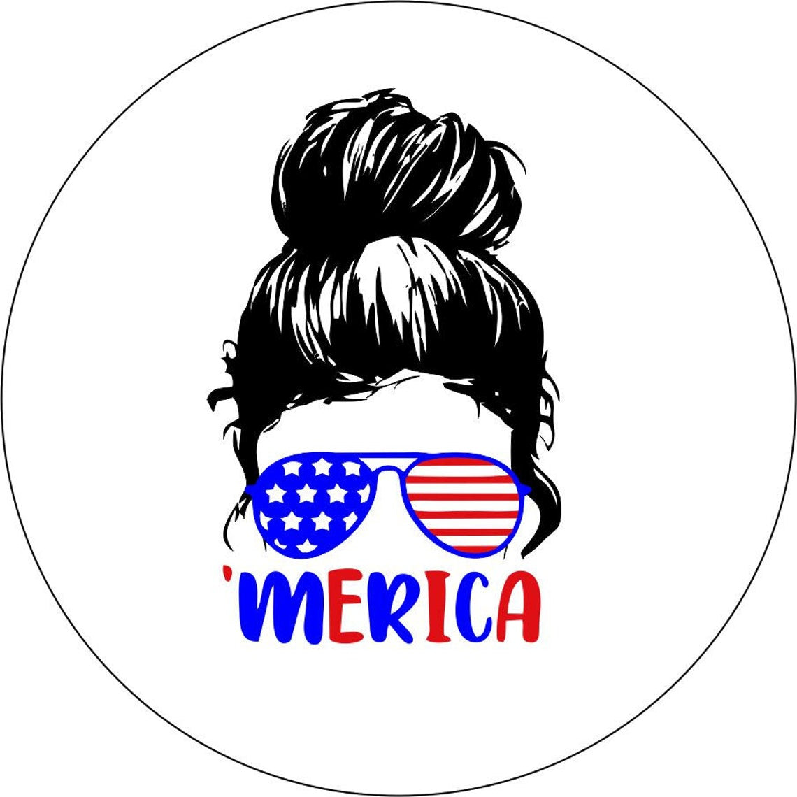 Silhouette of a girls head with a messy bun wearing sunglasses that are patriotic colors red, white and blue like the American flag and the word 'merica underneath in blue and red spare tire cover design for a white vinyl spare tire cover for Jeep, Bronco, RV, Camper, and more.