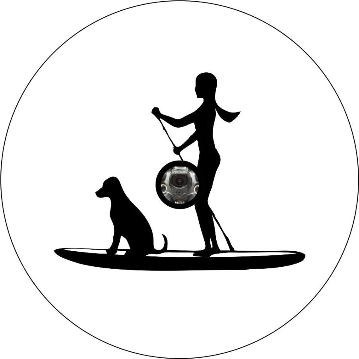Silhouette of a woman and her dog paddle boarding, spare tire cover design for Jeep, RV, Bronco, Camper, and more on white vinyl with back up camera
