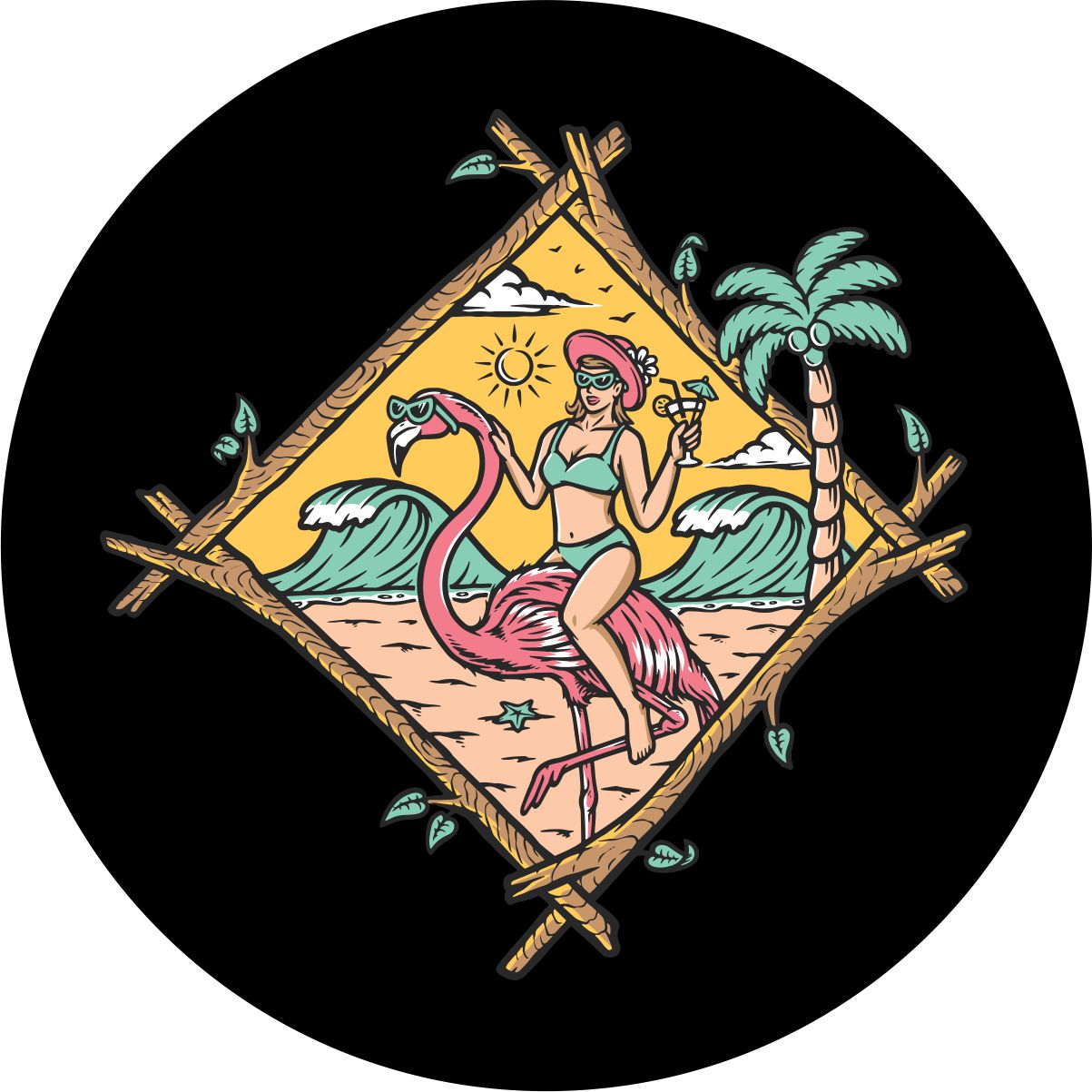 Funny spare tire cover of a woman riding a pink flamingo on the beach with a drink in hand. Spare tire cover for Jeep, RV, camper, trailer, Bronco, and more