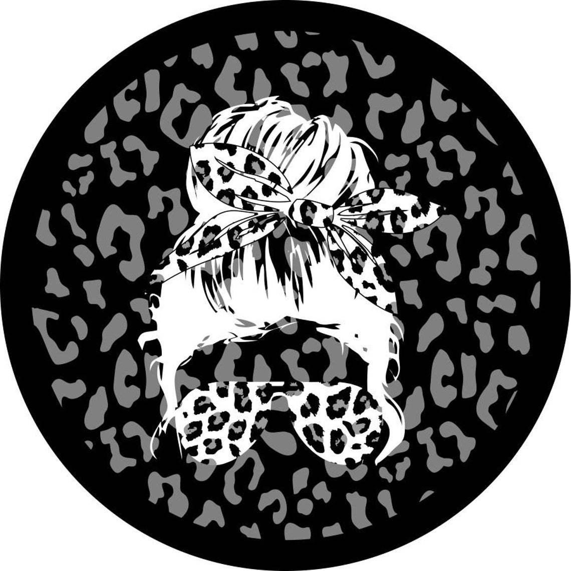 Leopard Print Spare Tire Cover With Top Knot Girl Silhouette Design