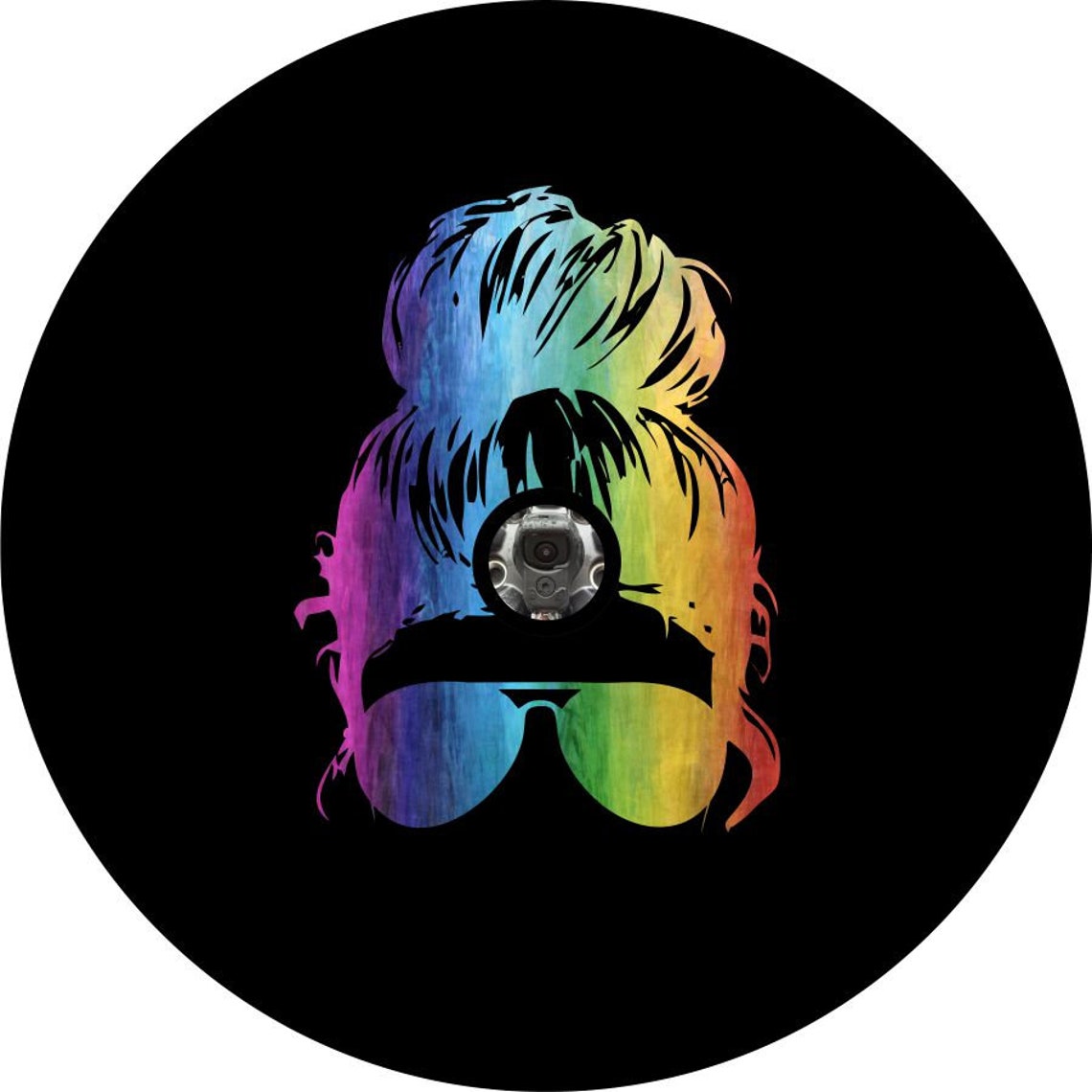Black vinyl Jeep, Bronco, RV, trailer, camper spare tire cover design of a silhouette top knot messy bun and sun glasses in rainbow colors. Design built for a Jeep spare tire cover with camera hole.