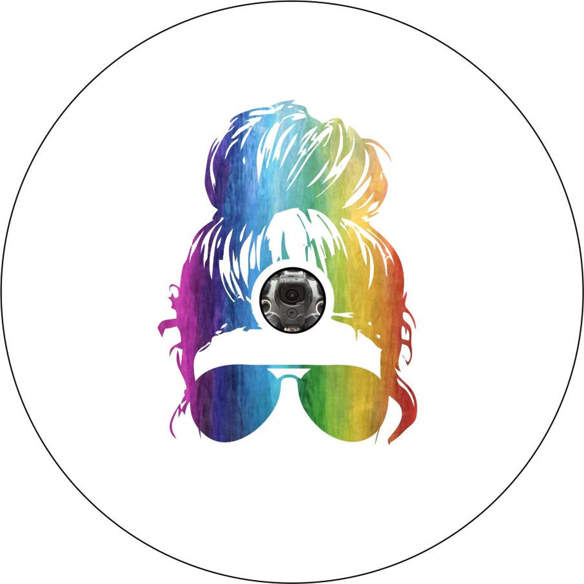White vinyl Jeep, Bronco, RV, trailer, camper spare tire cover design of a silhouette top knot messy bun and sun glasses in rainbow colors. Design built for a Jeep spare tire cover with camera hole.