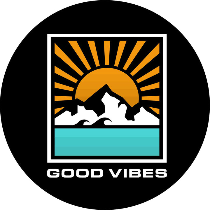 Geometric designed spare tire cover with a sun and sun rays, mountain, and water inside a rectangle with the words good vibes below for black vinyl tire cover. Spare tire cover for Bronco, Jeep, RV, Camper, trailer, and more.