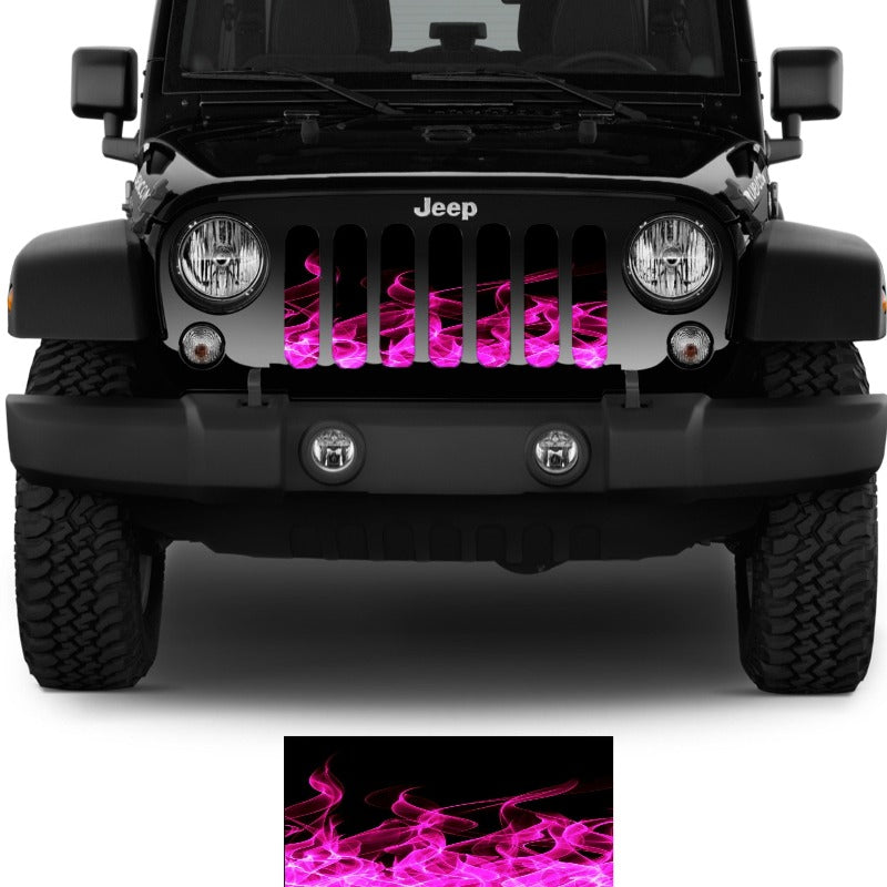 Tuscadero pink fire flames grille insert for Jeep on a black Jeep Wrangler with the fire design on the bottom to show full design