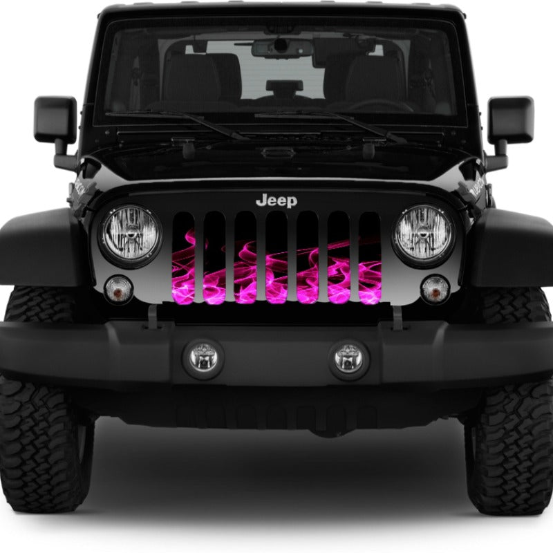 Tuscadero pink fire flames grille insert for Jeep on a black Jeep Wrangler