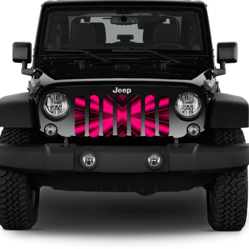 Hot pink starburst design for a Jeep grille insert. Picture shows pink burst design on a black Jeep Wrangler