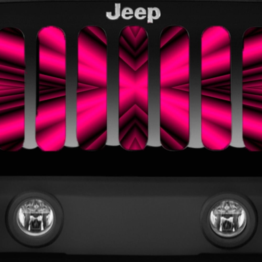 Close up look of a Hot pink starburst design for a Jeep grille insert. Picture shows pink burst design on a black Jeep Wrangler