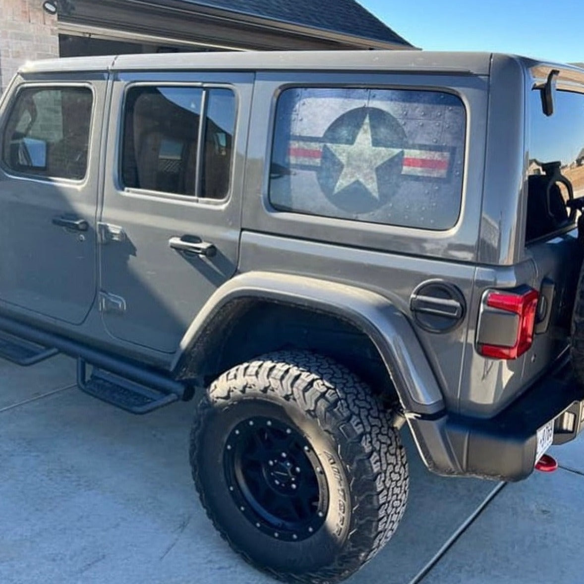 Patriotic military Captain America star and metal look Jeep Wrangler window decal.