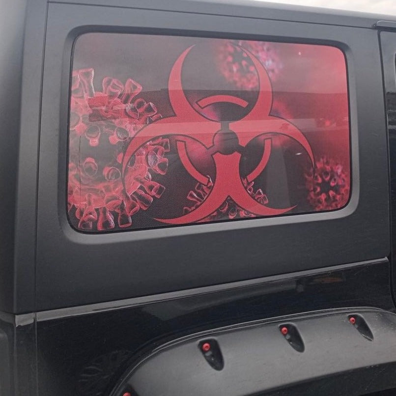 Biohazard and red covid virus creative Jeep Wrangler window decal sticker.