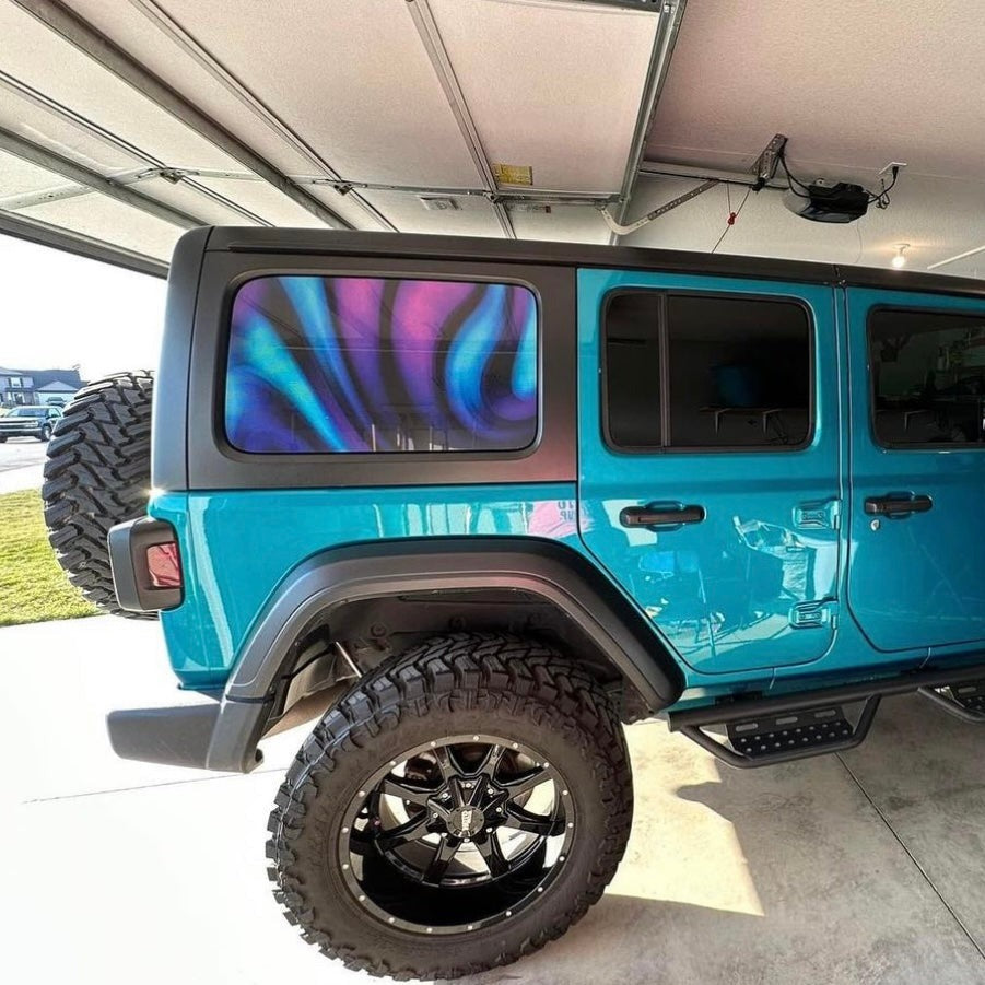 Turquoise and purple swirl designed perforated Jeep Wrangler window sticker decal. 