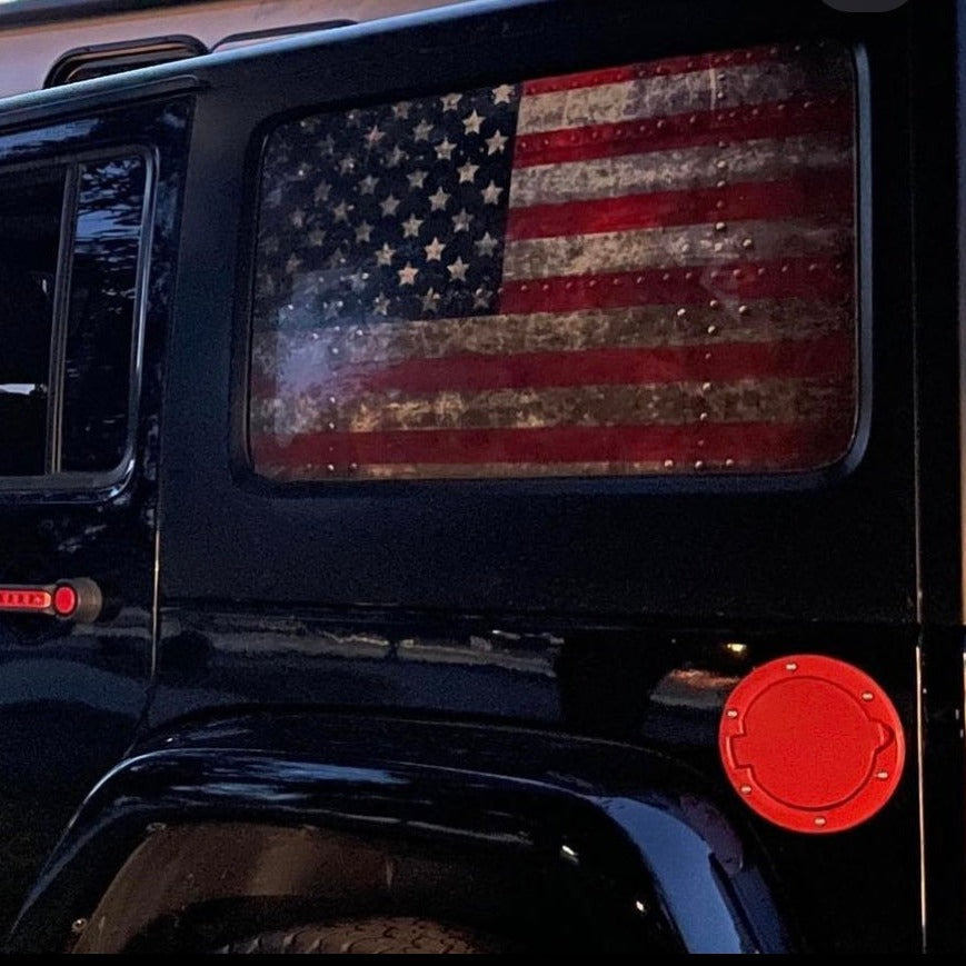 Jeep Wrangler window cling decal of a distressed and antique style American flag in full color