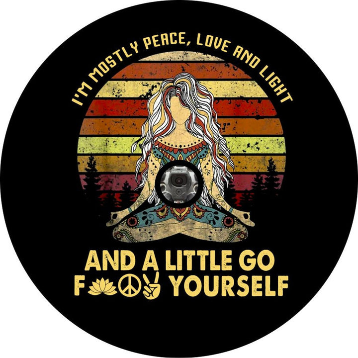 Colorful goddess spare tire cover design of a women sitting criss-crossed and a funny quote around the edge and below with a space for a back up camera