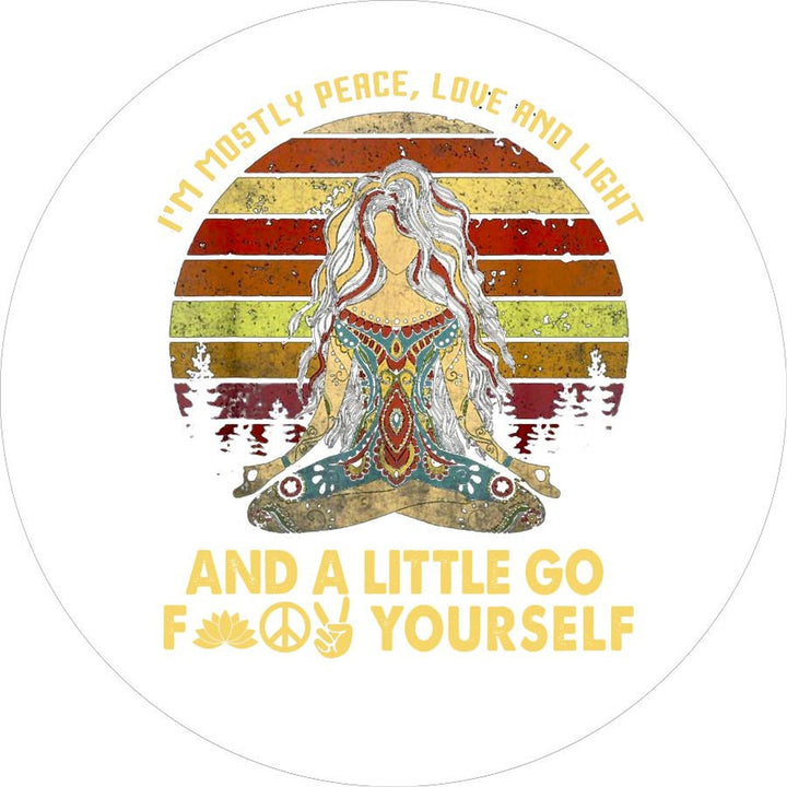 White vinyl colorful goddess spare tire cover design of a women sitting criss-crossed and a funny quote around the edge and below.