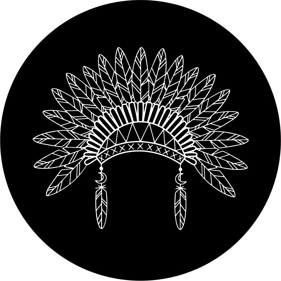 Line drawn silhouette of an native American headdress spare tire cover design.