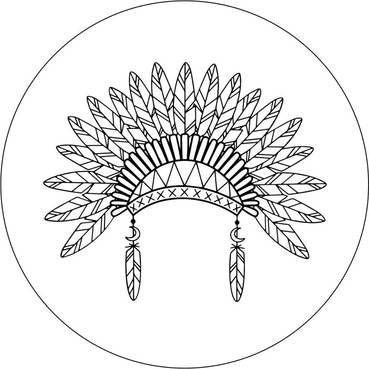 Line drawn silhouette of an native American headdress spare tire cover design on white vinyl