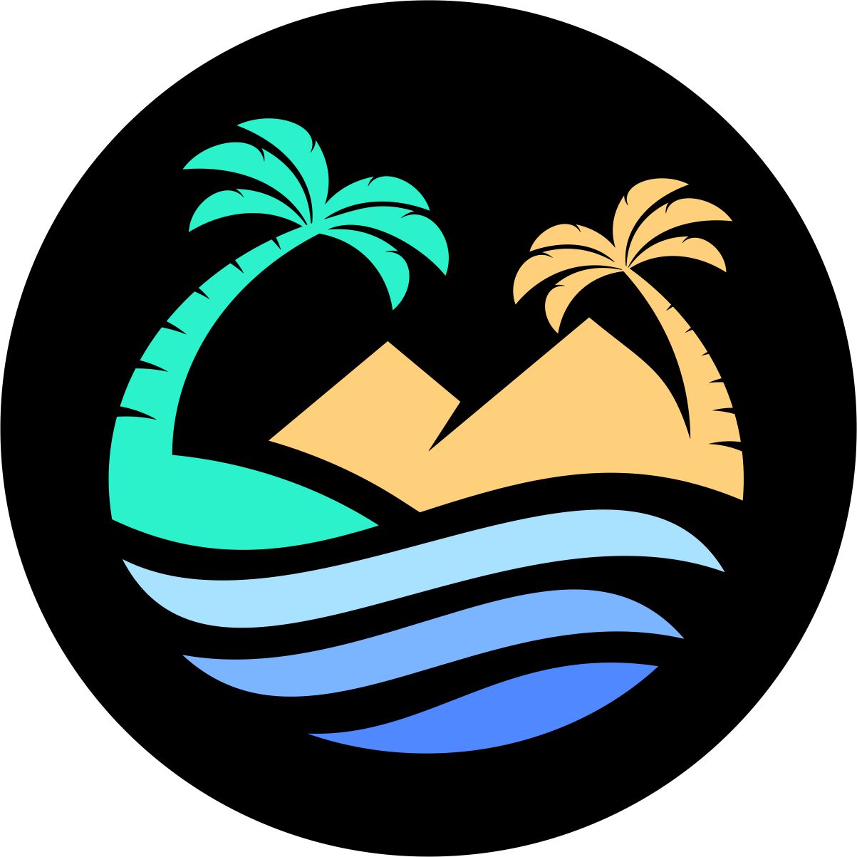 Simple & unique spare tire cover design of a tropical beach scene as silhouettes. Palm trees, cliffs and the water.