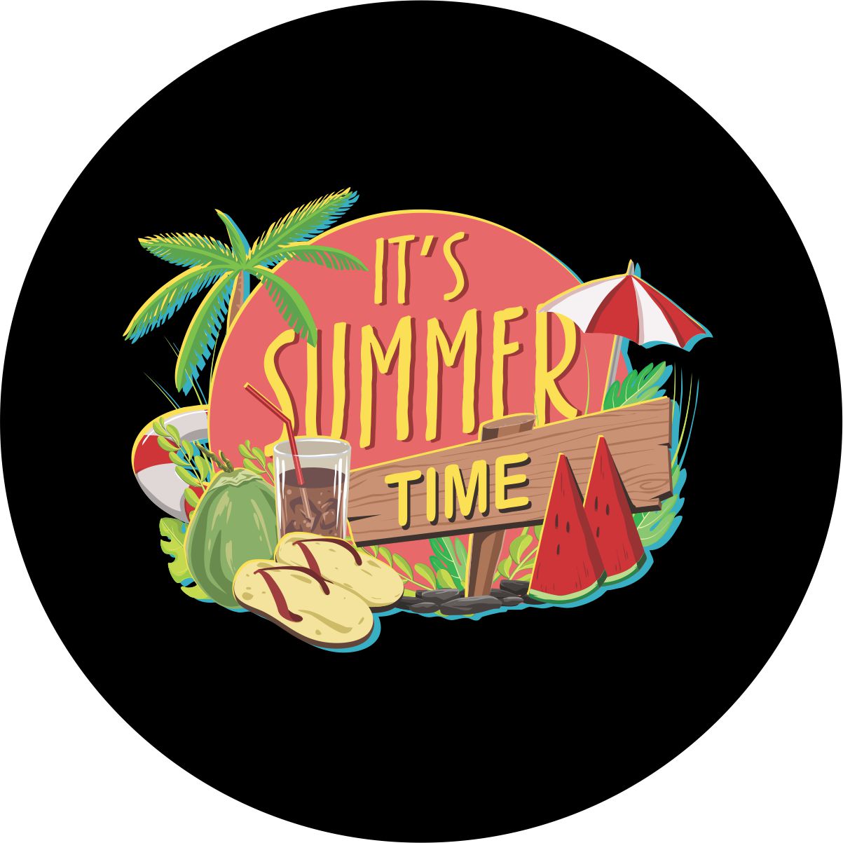 Black vinyl spare tire cover with the saying it's summer time along with all the elements of a tropical summer vacation.