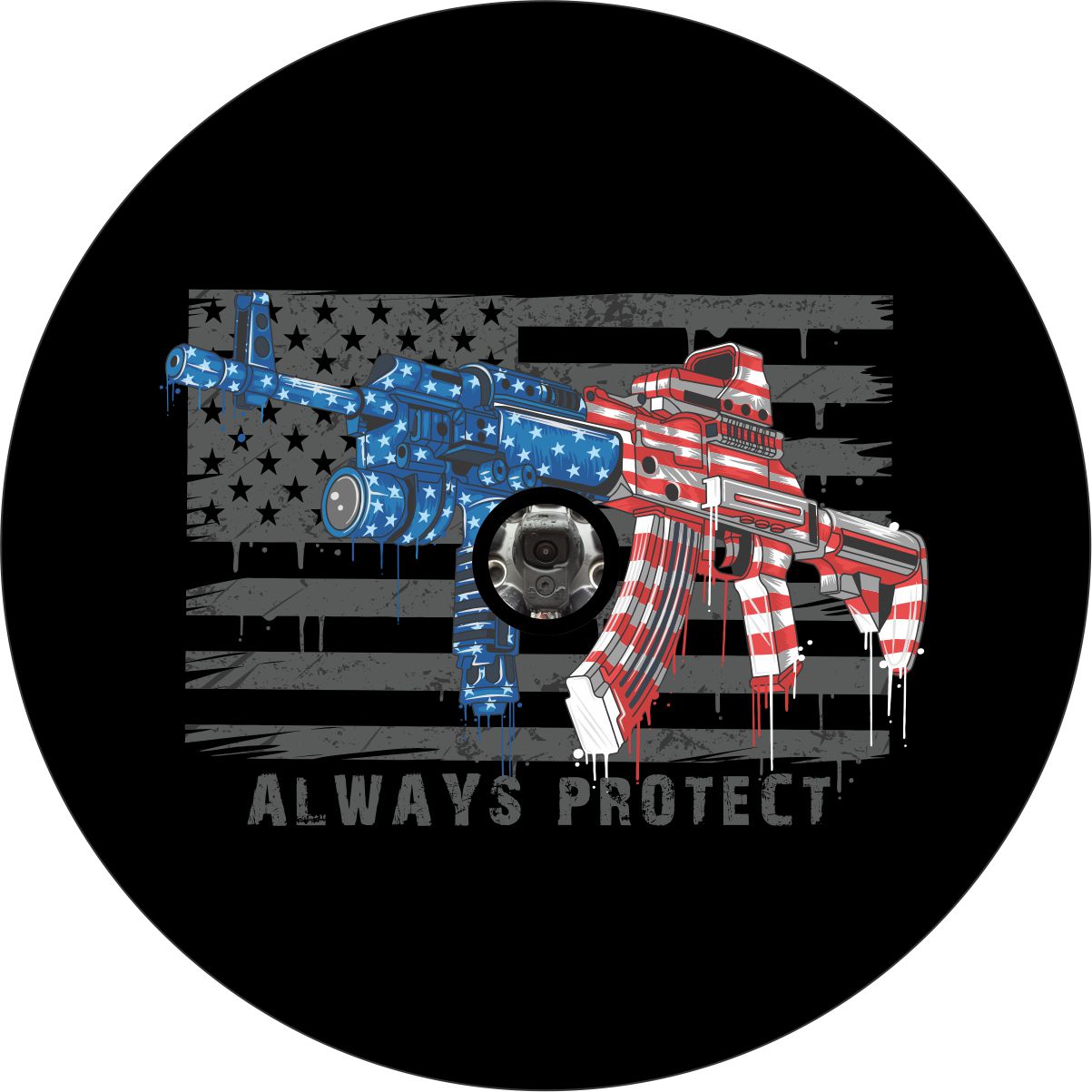 Always protect American, freedom, and 2nd amendment spare tire cover design on black vinyl for Jeep, RV, camper, Bronco, and more designed with a hole for a back up camera