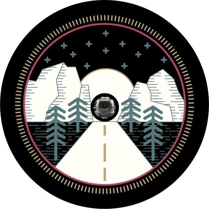 Thin lined graphics unique spare tire cover of nature, mountains, and the highway. Whimsical designed spare tire cover for RV, Bronco, Jeep, camper, and more. Can accommodate Jeep tire cover with camera hole.