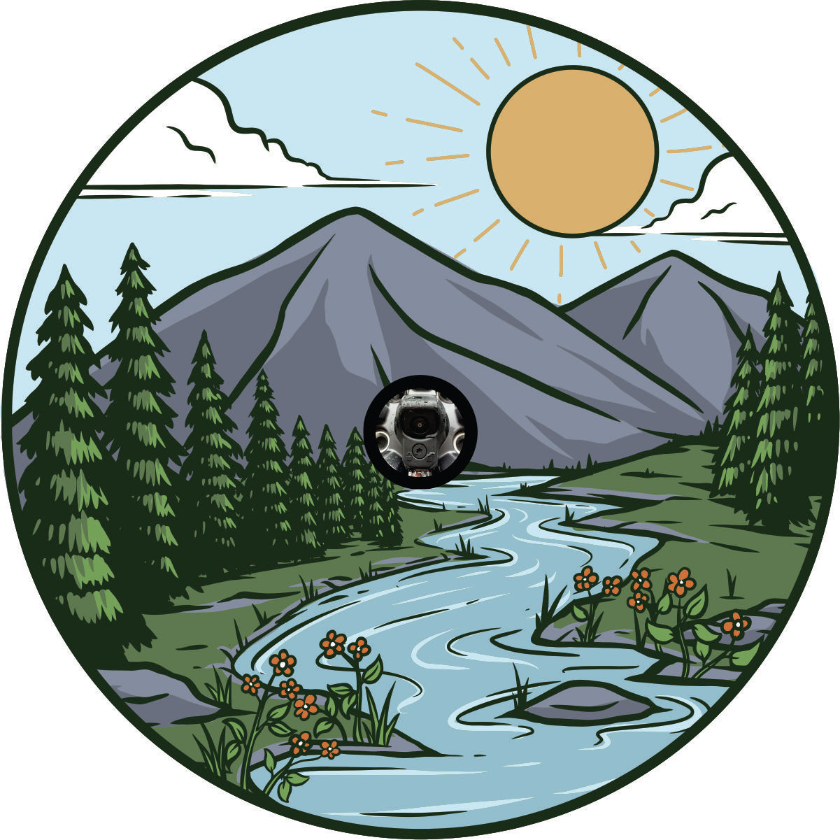 Sun, mountains, river, trees, painted unique spare tire cover design with camera hole space