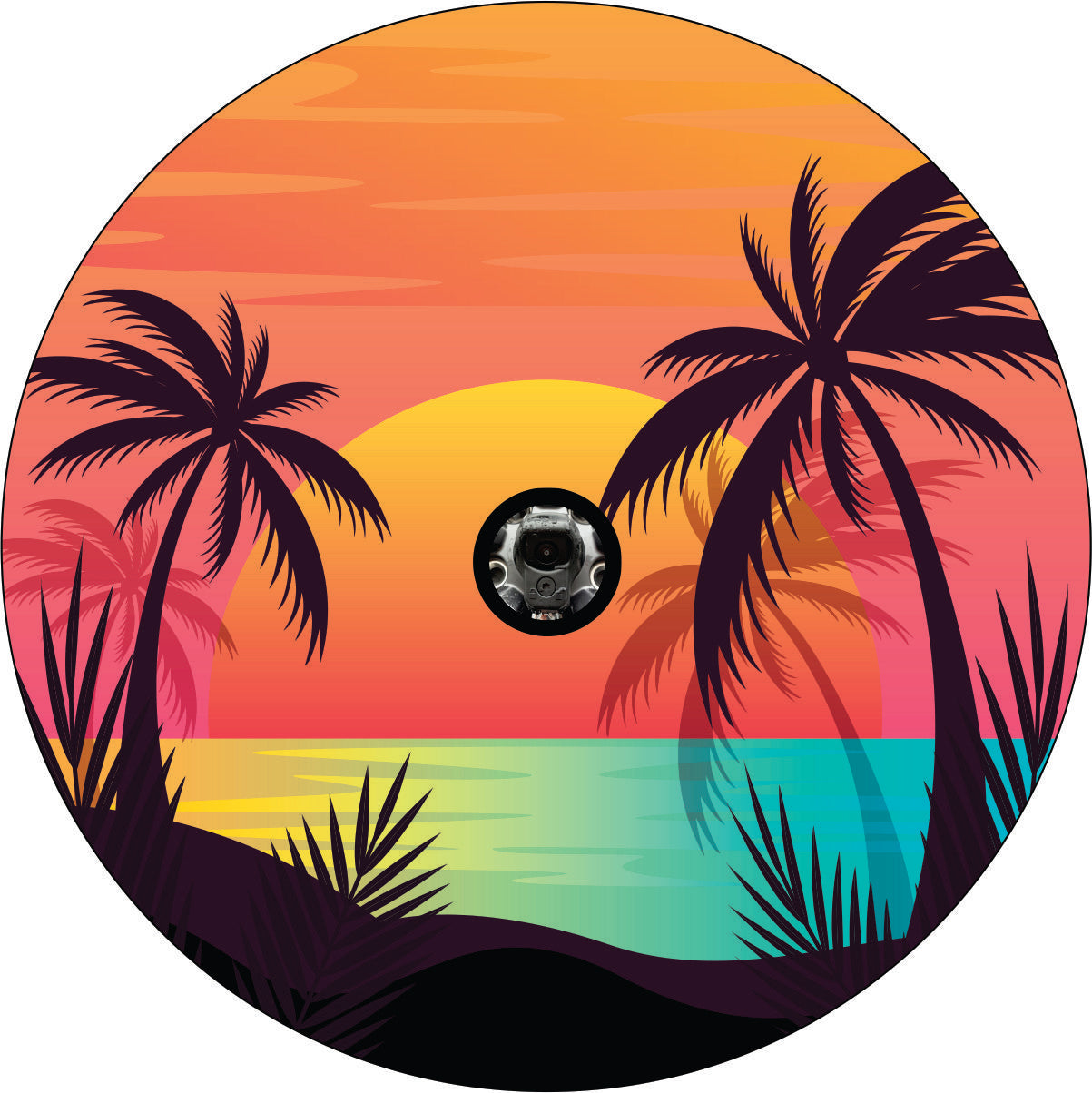 Tropical colors make up a sunset scene at the sea with palm tree silhouettes and the big sun setting on the horizon spare tire cover design with a back up camera