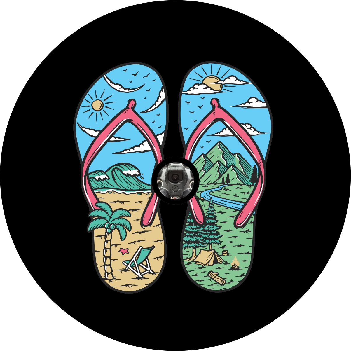 Spare tire cover for back up camera. Tire cover design with camera hole. Bright and colorful spare tire cover of flip flops with flip flopped designs of each sandal with one of a tropical beach and the other a mountain camping scene.