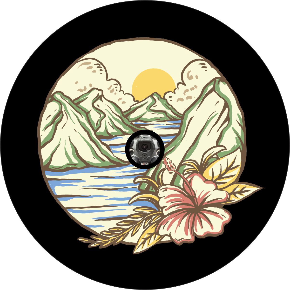 Spare tire cover for back up camera. Vintage style hand drawn spare tire cover design of the sea running between the mountains at sunset with a beautiful tropical hibiscus flower