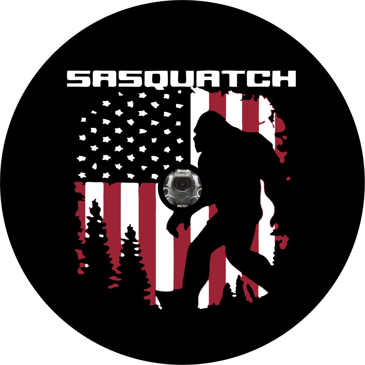 Sasquatch spare tire cover for Jeep, Bronco, campers, RV, van, and more. This spare tire cover design has Bigfoot walking through the forest with a rustic old glory, the American flag, as the background and the name Sasquatch written across the top. with a hole for a back up camera