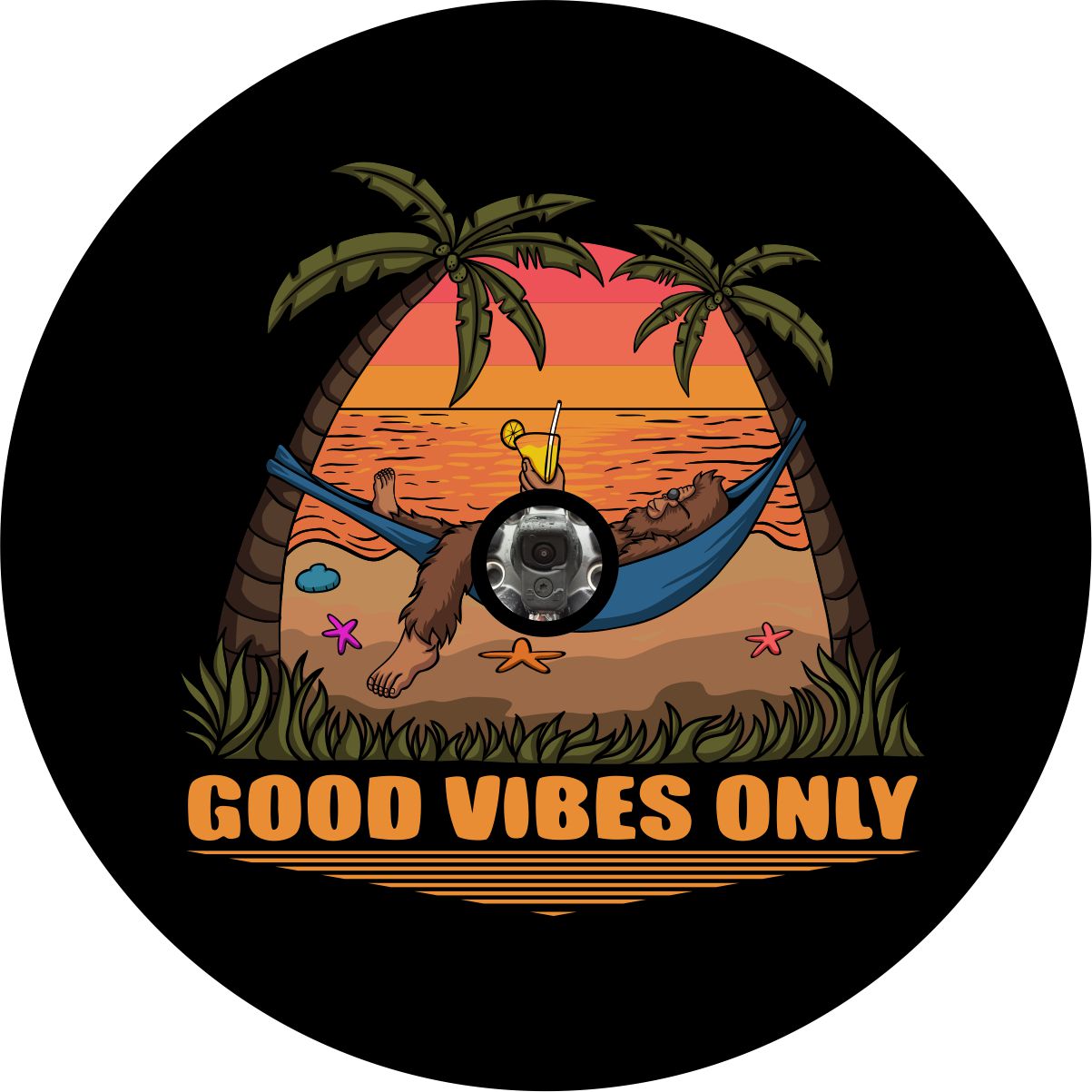Custom spare tire cover, bigfoot tire cover design with sasquatch laying in a hammock sipping a drink at the beach. Good Vibes Only! Available for Jeep tire cover with camera hole