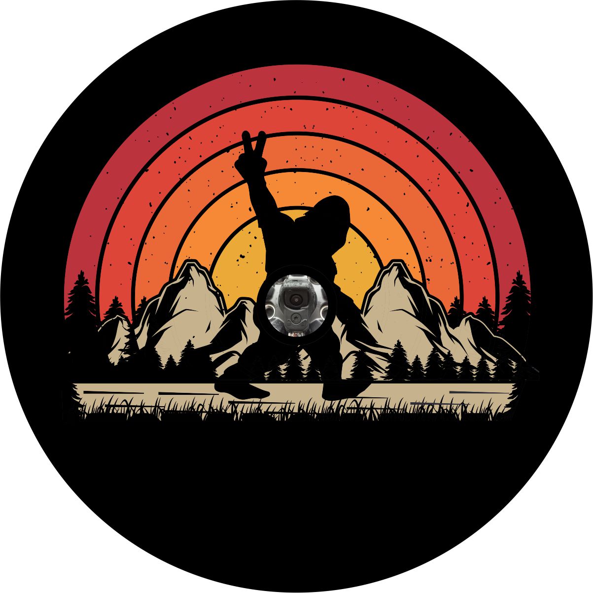 Bigfoot Peace Out Retro Sun Spare Tire Cover for Jeep, RV, Bronco, Camper, Trailer, & More