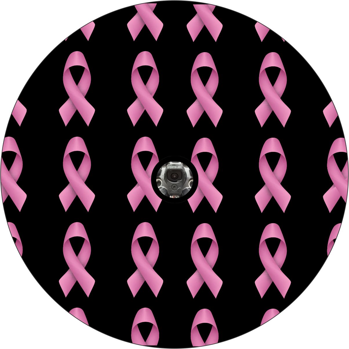 Black vinyl spare tire cover with a camera hole with a pattern of small pink ribbons to support breast cancer awareness