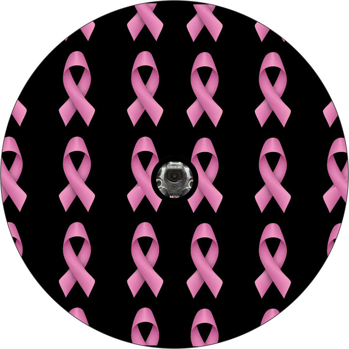 Black vinyl spare tire cover with a camera hole with a pattern of small pink ribbons to support breast cancer awareness