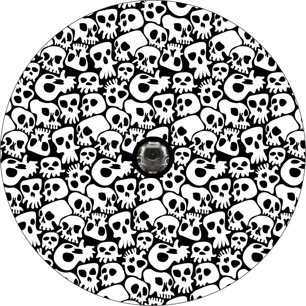 Fun and funky spooky skull spare tire cover pattern. Skulls covering the entire area of the black vinyl spare tire cover with JL back up camera design for wheels with back up cameras