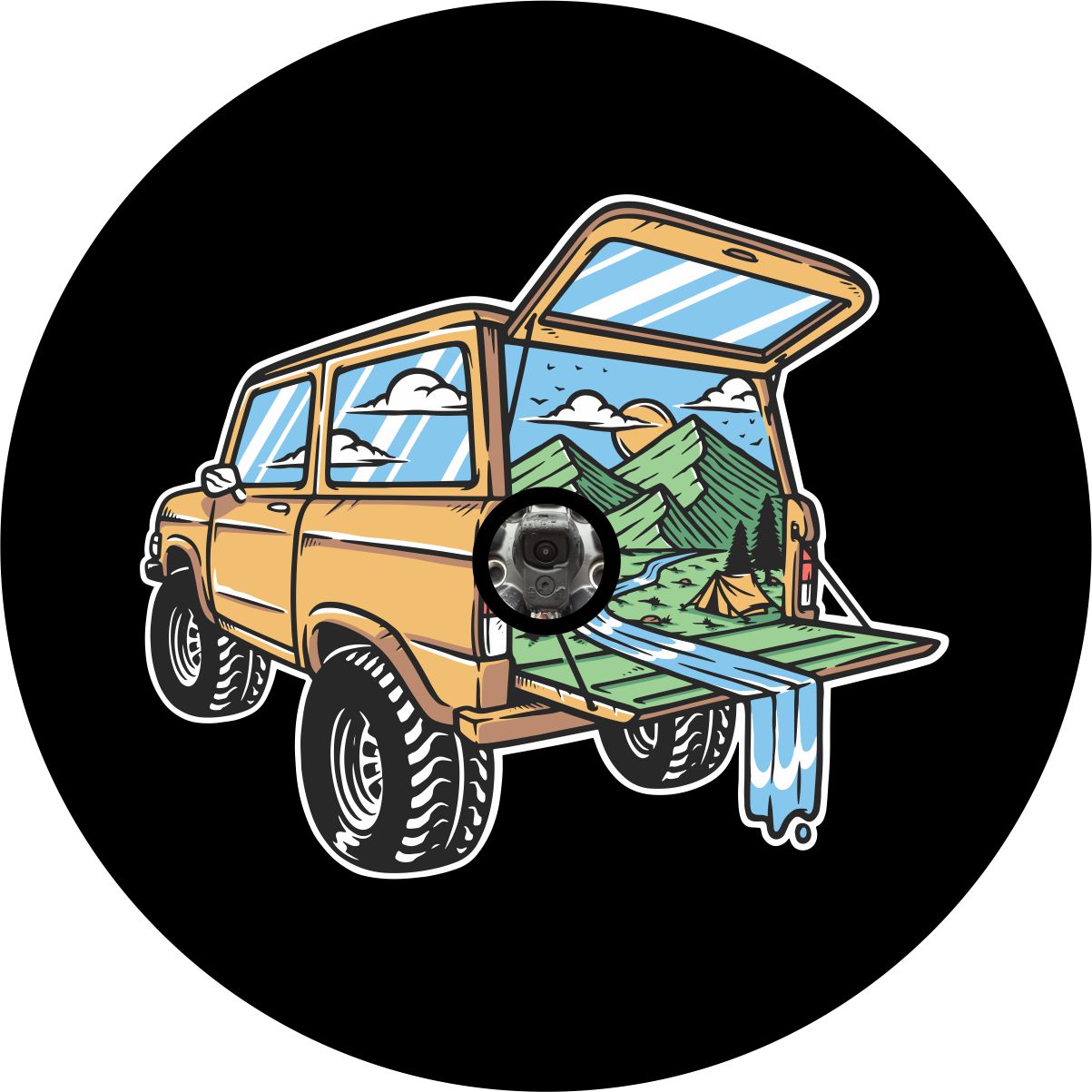 Spare tire cover design with a camera hole for back up camera. A creative and unique spare tire cover design with a Ford Bronco SUV and the mountains and outdoors beautiful camping scene coming out of the back. 