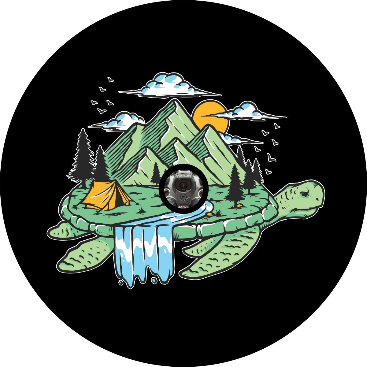 Back up camera spare tire cover design. Camping on a turtle island spare tire cover. Beautiful camping scene in the mountains on top of a turtle. Custom spare tire cover design. Printed to order on black vinyl weatherproof material.