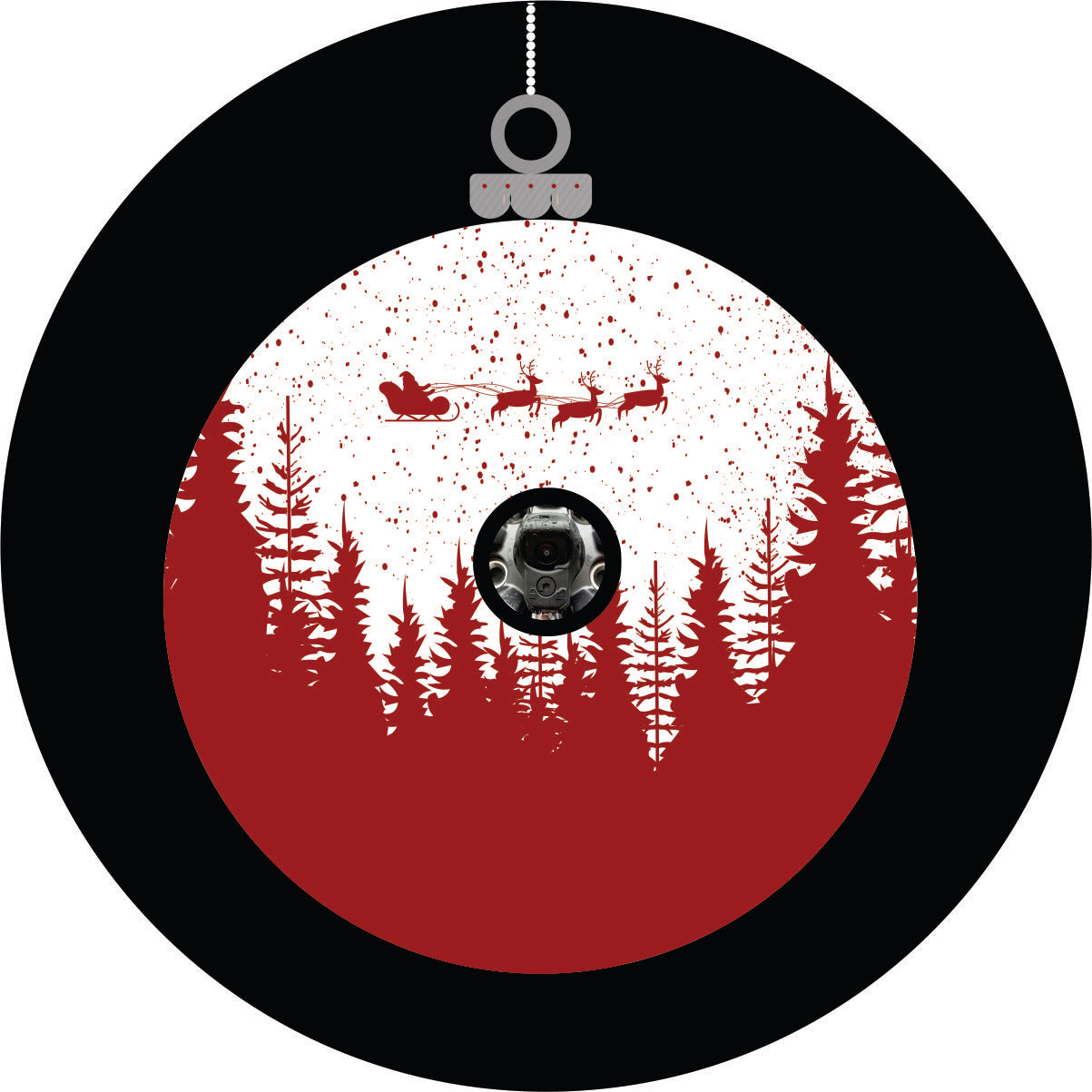 Spare tire cover for Jeep of a red silhouette of Santa Claus flying over the forest and snow as a Christmas tree globe ornament with a back up camera hole.