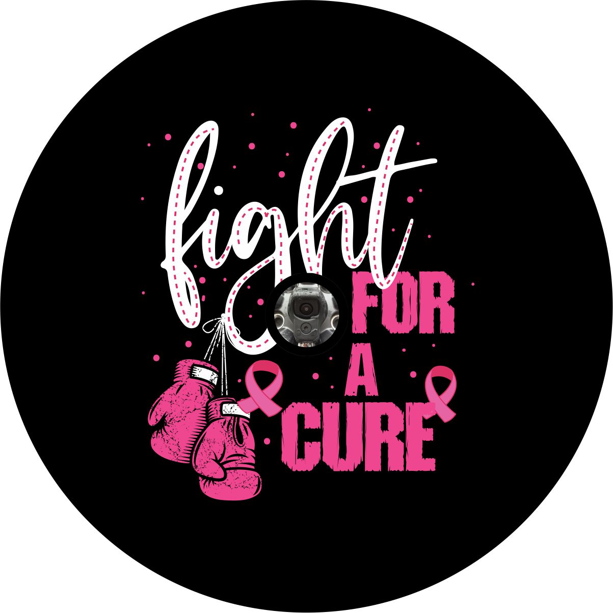 Pink fight for a cure breast cancer awareness and support spare-tirecovers.com spare tire cover design with a camera hole for a back up camera