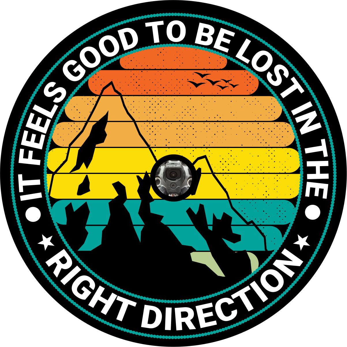 Creative spare tire cover with camera hole of multi-colored layered background with a mountain silhouette and the saying it feels good to be lost in the right direction