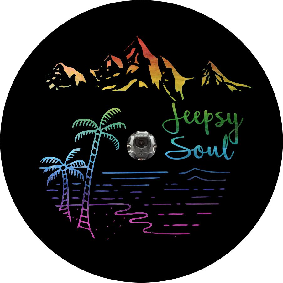 Jeepsy Soul Scene Spare Tire Cover for Jeep Wrangler, Jeep Liberty & More - Rainbow Tropical mountain scene with JL back up camera design