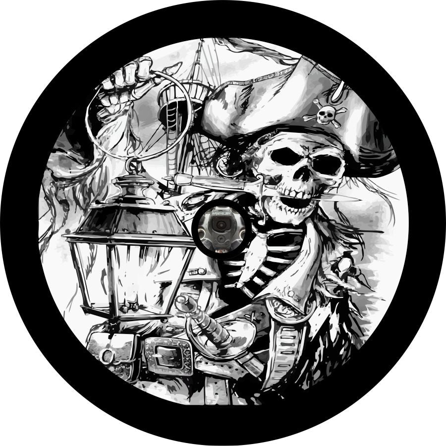 black and white and gray Pirates Life for Me Spare Tire Cover of a skeleton pirate carrying a lantern with a knife in its mouth with back up camera