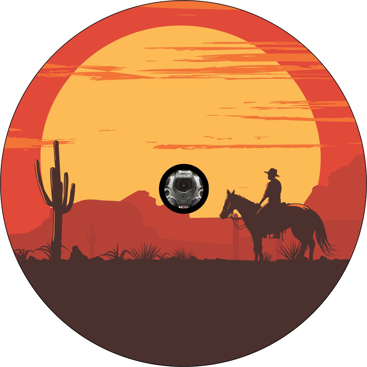 A western dream spare tire cover design with a cowboy on horse back staring off into the desert mountains, ready to ride into the sunset. This tire cover is designed for vehicles with a back up camera.