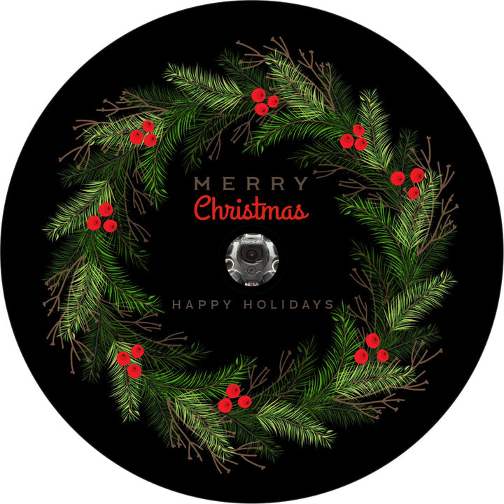 Merry Christmas holiday wreath cute spare tire cover design on black vinyl with a camera hole space for a back up camera.