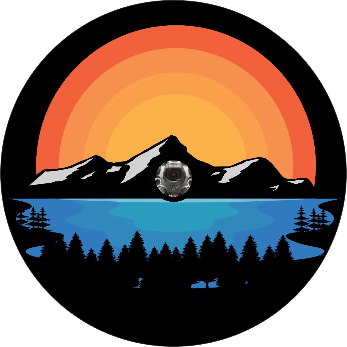 Bright orange colored sun shining behind a landscape design of mountains, lake, and trees spare tire cover design. Accommodates Jeep tire cover camera hole.  