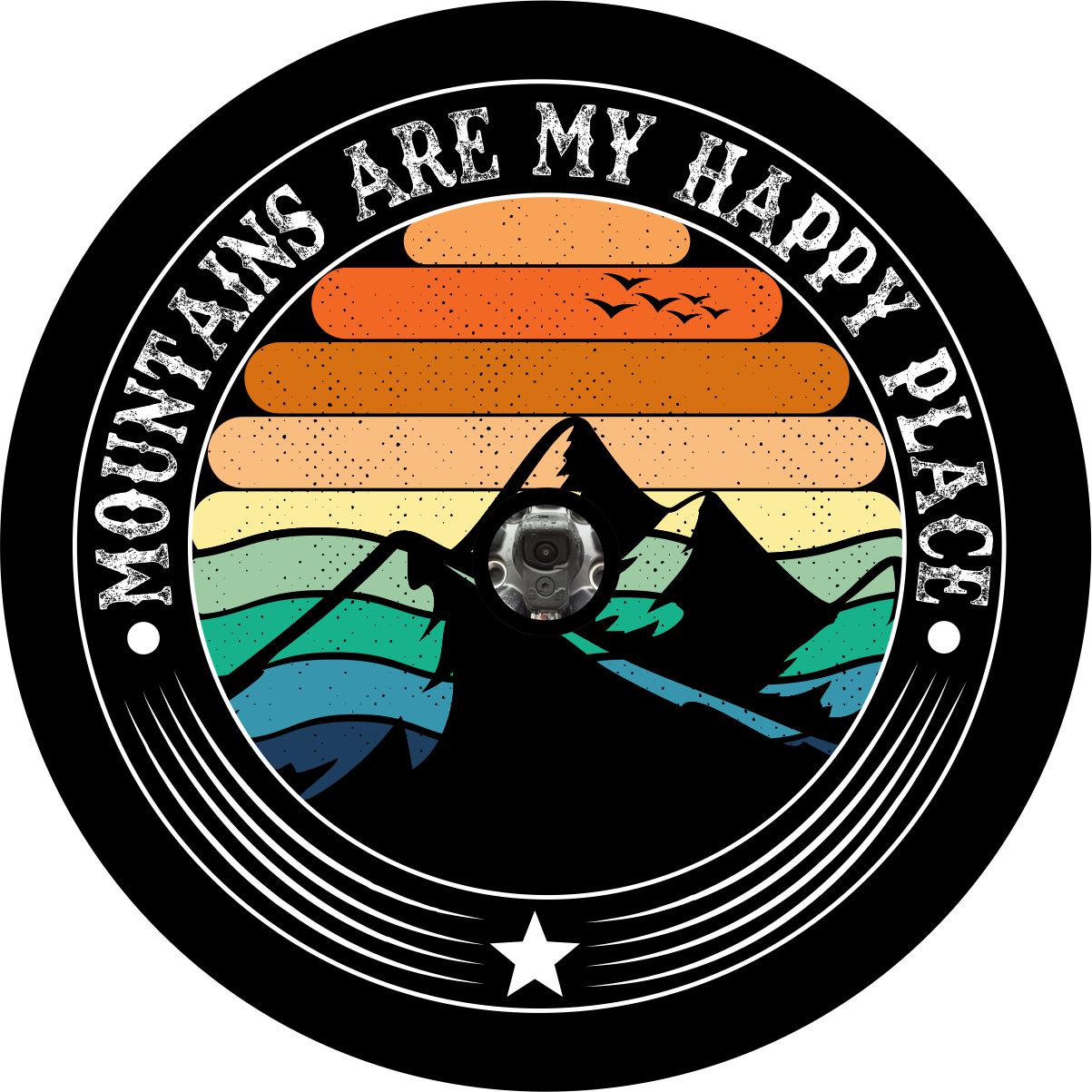 Multi-colored striped background with a mountain silhouette spare tire cover and the saying, "mountains are my happy place" written around the edge spare tire cover design with a back up camera hole