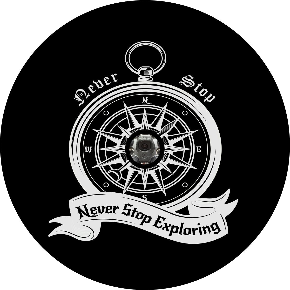 Vintage compass spare tire cover design and the saying never stop exploring. Graphic design creative spare tire cover with a back up camera.